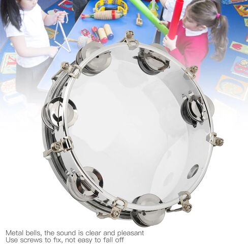 8in Tambourine Adjustable Tone Hand Drum Hand Held Percussion Educational Musical Instrument Cymbal Bells Double Row Jingle Bells with Drum Key(Transparent) in Kuwait
