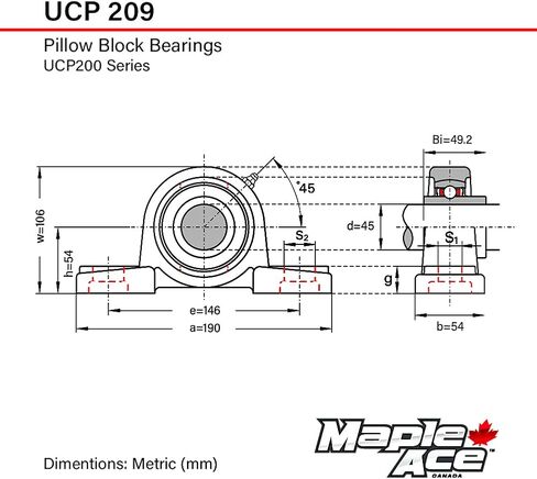 Maple Ace UCP209 كتلة وسادة تحمل 45 ملم ، 2-bolt ، المحاذاة الذاتية ، القاعدة الصلبة ، والخدمة الثقيلة (Qty 2) in Saudi Arabia