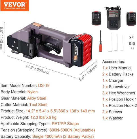 آلة ربط Electric Vevor ، مقابل 0.39 "-0.75" PP Pet Straps ، أداة نطاقات كهربائية محمولة مع شاشة رقمية ، أداة ربط أوتوماتيكية تعمل بالبطارية 2 × 4000 مللي أمبير في التغليف للبطارية. in Kuwait