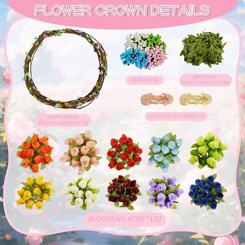 Timlotti Flower Crowns Kit for Girls DIY Fairy Crown Crafts 30 Sets Flower Headband Making Kit with Berries and Ribbons Making Your own Garland Wreath Gift for Girls Teens Women (Blooming Rose) in Saudi Arabia