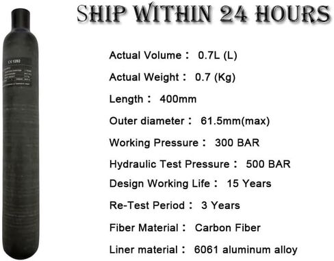 Generic 0.7L 700cc 30Mpa 300Bar 4500Psi Carbon Fiber Cylinder HPA Tank Thread M18*1.5, Matte Black in Kuwait