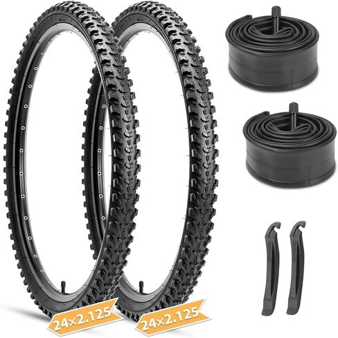 مجموعة إطارات الدراجات الجبلية Hycline: 2 عبوة 20/24/26x2.125 بوصة قابلة للطي إطارات الدراجات عالية الكثافة والأنابيب الداخلية للزوج مع رافعات الإطارات متوافقة in Kuwait