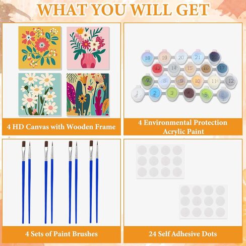 NAIMOER 4 Pack Flower Paint by Numbers Kits for Adults Beginner with Wooden Framed, Flowers Color by Numbers on Canvas Painting Kits for Adults, Easy Paint DIY Acrylic for Home Wall Decor 8X8 Inch in Saudi Arabia