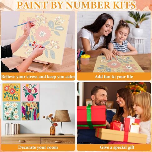 NAIMOER 4 Pack Flower Paint by Numbers Kits for Adults Beginner with Wooden Framed, Flowers Color by Numbers on Canvas Painting Kits for Adults, Easy Paint DIY Acrylic for Home Wall Decor 8X8 Inch in Saudi Arabia