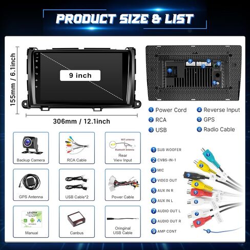 ستيريو Radio Android Car Radio لـ Toyota Sienna 2011 2012 2013 2014 Carplay Wireless Android Auto - Leadfan 9 Inch IPS Touch Screen for Sienna Head Unit Bluetooth/FM/GPS/WiFi/SWC/split in Kuwait