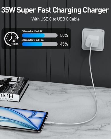 for iPad Charger, 35W USB C Super Fast Wall Charger Block for iPad Pro 13/12.9/11 inch 2025/2024/2022/2021/2020, Air 6/5th, Mini 7/6, i Pad 11/10th Generation with Long 10FT USBC Charging Cable, White in Saudi Arabia
