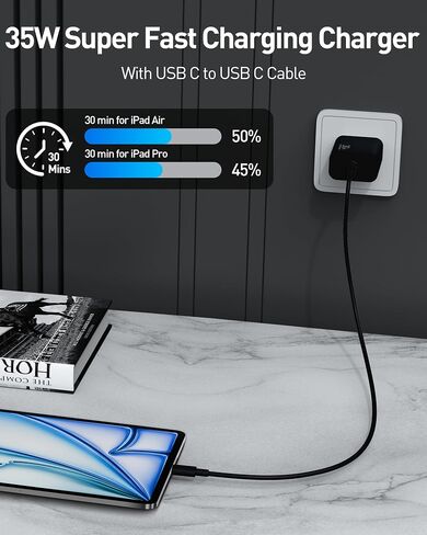 for iPad Charger, 35W USB C Super Fast Wall Charger Block for iPad Pro 13/12.9/11 inch 2025/2024/2022/2021/2020, Air 6/5th, Mini 7/6, i Pad 11/10th Generation with Long 10FT USBC Charging Cable, White in Saudi Arabia