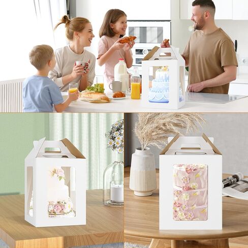 2 حزمة صناديق كعكة طويلة مع ألواح الكيك ، 10 × 10 × 12 بوصة صندوق كعكة متدرج كبير مع 6 نوافذ صافية ، 10 بوصة حاملة كعكة مع مقبض حاويات للمخبز لحفل الزفاف ، حفلة عيد ميلاد ، دش الطفل in Kuwait
