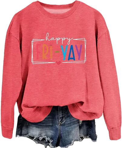 Happy Fri-yay Teacher Sweatshirt Women Funny Teacher Weekend Long Sleeve Derts Crewneck Graphic Fall Pullover Tops in Kuwait
