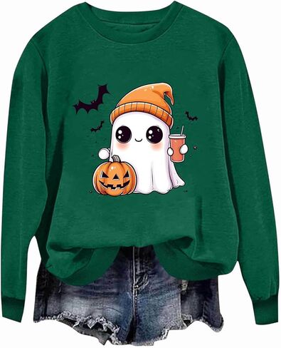 Cute Sweatshirts for Women Halloween Sweatshirt Crewneck Long Sleeve Pullover Tops Ghost Print Sweater Fall Clothes in Saudi Arabia