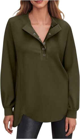 الزر المفاجئة للسيدات أعلى من نوع Swetshirt الأكمام الطويلة Tunic Henley Tops فضفاضة الشق غير الرسمي ملابس الشتاء الشتوية in Saudi Arabia