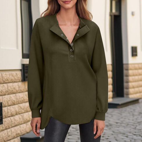 الزر المفاجئة للسيدات أعلى من نوع Swetshirt الأكمام الطويلة Tunic Henley Tops فضفاضة الشق غير الرسمي ملابس الشتاء الشتوية in Saudi Arabia