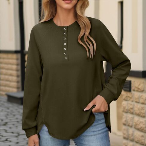 الزر المفاجئة للسيدات أعلى من نوع Swetshirt الأكمام الطويلة Tunic Henley Tops فضفاضة الشق غير الرسمي ملابس الشتاء الشتوية in Saudi Arabia