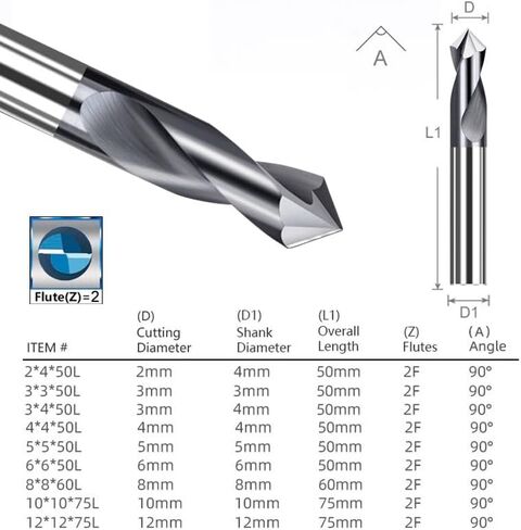 2-12mm Shank Spot Drill 90 Degrees Chamfer Mill Stub Starting Location Center Bit CNC Router Bit Milling Cutter Carbide End Mill(NANO BLUE Coated,12x12x75L) in Kuwait