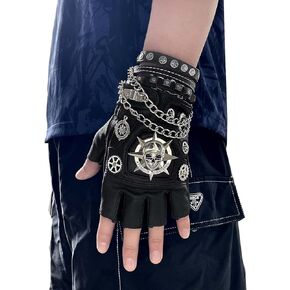 xtom2013 Cool Skull Rocker Hip-Hop Leather Pairs Fingerless Biker Studded Gloves With Chain Bracelet Men
