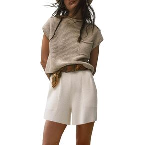 Bianstore Women's Two Piece Outfits Knit Sweater Set Solid Pullover Tops and Elastic Waist Short Pants Lounge Sets in Kuwait