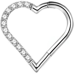 Piercingpops 316L Stainless Steel Heart Cartilage Conch Daith Rook Tragus Helix Earrings Cubic Zirconia Hoop Hinged Segment Septum Clicker Ring Nose Rings Hoop Piercing Jewelry
