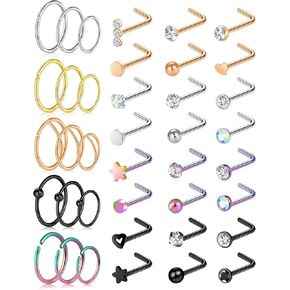 ONESING 32-55 Pcs 20G Nose Rings for Women Nose Rings Hoops Nose Piercing Jewelry L Shape Nose Studs Screw CZ Nose Bone Studs Stainless Steel Body Piercing Jewelry