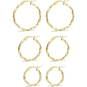 LOYALLOOK 3Pairs Stainless Steel Twisted Gold Silver Small Hoop Earrings Set for Women 15-25mm