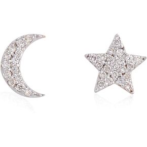 Certified 14K Solid Gold Star Moon Stud Earrings 0.13 Carat Natural Brilliant Cut Diamonds (G-H Color, SI1-SI2 Clarity) Fine Jewelry for Women Gifts for her