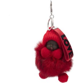 surell - Genuine Fox Fur Baby Keychain with Beanie- Cute Classic Pompom Purse Accessory - Fluffy Ball Key Chain (Grey)