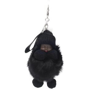 surell - Genuine Fox Fur Baby Keychain with Beanie- Cute Classic Pompom Purse Accessory - Fluffy Ball Key Chain (Grey)