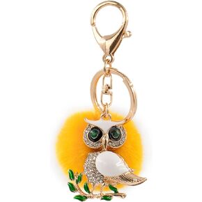 surell Genuine Mink Owl Shaped Keychain - Pom Fashion Accessory - Fluffy Fur Ball Key Chain - Stylish Round Bedazzled Gift