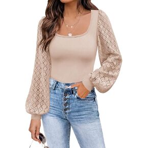Lynwitkui Mesh Long Sleeve Shirts Ribbed Casual Slim Fit Blouses Tops