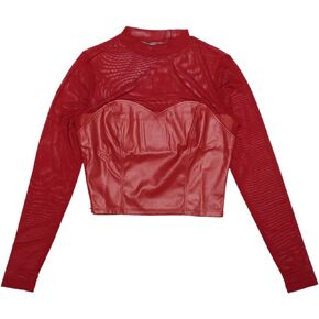 Allegra K Mock Neck Top for Women's Faux Leather Mesh Sheer Long Sleeve Corset