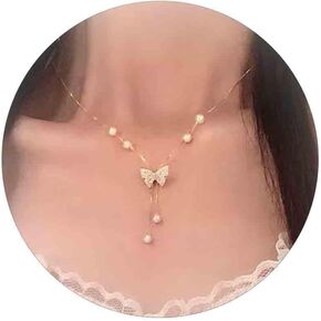 Pearl Necklace for Girls Gold Butterfly Necklace for Women Choker Dainty Pendant Adjustable Y Tassels Necklaces Charm Jewelry