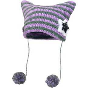 Grunge Fairy Crochet Hat for Women Y2K Cute Knit Hat Vintage Beanie Kawaii Cat Ear Little Devil Slouchy Headgear Accessories