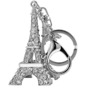 3D Cubic French Paris Eiffel Tower Shaped Bling Bling Metal Crystal Rhinestone Keychain Souvenir Holiday Gift Car Phone Purse Bag Decoration (Silver)