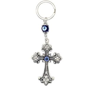 Cross Keychain Ring w/Center Evil Eye, Sign of Good Luck & Blessing, Trendy Cute Charm for Home Keys, Office, Bag, Good Luck, Rear View Mirror Car Accessories Ornament Thoughtful Gift