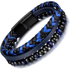 FIGEDY Blue Tiger Eye Stone Beads Shape Braided Leather Bracelet, 3 Layers Braided Leather Wristband for Men Boy Girls and Women