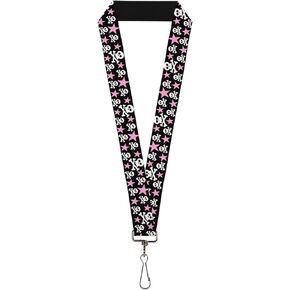 Buckle-Down Lanyard-1.0"-Skulls & Stars Black/White/Pink