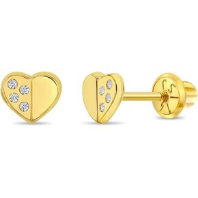 14k Yellow Gold Polished Heart Shaped Screwback Earrings With Clear Cubic Zirconia Stones For Toddlers and Little Girls - Heart Themed Jewelry for Little Girls with Sensitive Ears