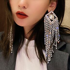 Octwine Fashion Crystal Long Tassel Full Bling Bling Rhinestone Pearls Drop Earrings Oversized Wedding Prom Party Long Rhinestone Earrings for Women and Girls