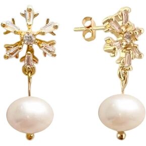 Piswency 925 Sterling Sliver Real Pearl Stud Earrings 18K Gold Plated Snowflake Freshwater Cultured Dangle Drop Earrings for Women and Girls, Handmade Jewelry for Valentines Day, Mother’s Day, Birthday, Gift for Her