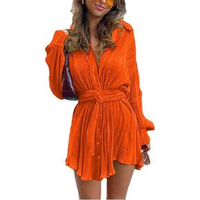 Volemo Women Sexy V Neck Dress Long Sleeve Pleated High Waist Lace Up Belted Tunic Tops Mini Shirt Dress