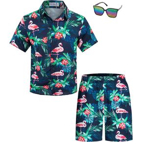 Yoimira Boys Hawaiian Shirt and Short Set,Beach Shirts for Kids Printed Casual Outfit 2 Piece with Sunglasses 7-14 Years