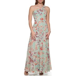 Eliza J Women's Gown Style Printed Chiffon Sleeveless Asymetrical One Shoulder Dress