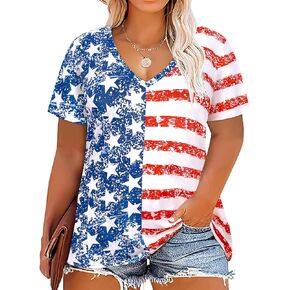 RITERA Plus Size American Flag Tops for Women Patriotic Shirt Oversized Tunic Color Block Summer V Neck Henley Tshirt XL-5XL