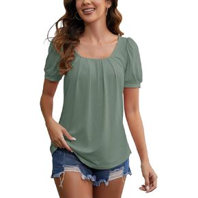 Womens Tops for Women Puff Sleeve Crew Neck Causal Shirt Loose Fit Blouse Dressy T Shirts 2024