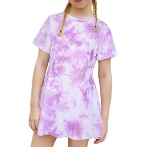 MODAFANS Girls Short Sleeve Smocked Ruched Waist Athletic Dress Tie Dye Playwear Skater Sport T Shirt Dress with Pockets in Kuwait