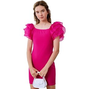 WDIRARA Girl's Square Neck Layered Ruffle Trim Short Sleeve Party Dress