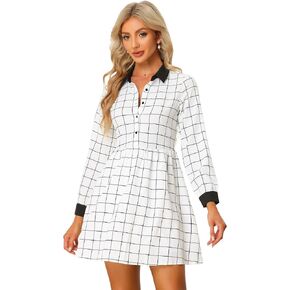 Allegra K Women's Casual Checks Grid Loose Contrast Collar Shift Mini Dress