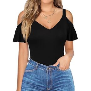 HERLOLLYCHIPS Sexy Tops for Women Cold Shoulder Deep V Neck Short Sleeve Slim Fit Summer Casual Tees T-Shirts