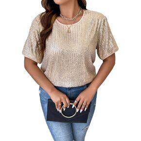 WDIRARA Women's Plus Size Sequin Round Neck Short Sleeve Tee Party Club Top