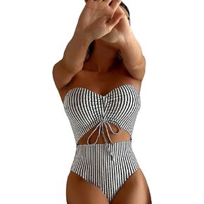 WDIRARA Women's Striped Cut Out Tie Front Bandeau One Piece Swimsuit Strapless Monokini