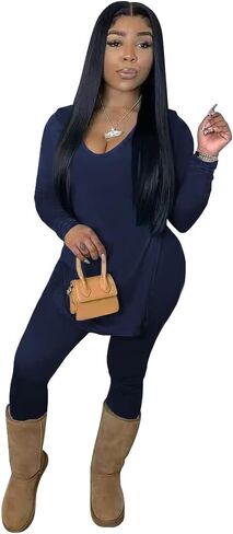 TOPSRANI Womens Casual Sweatsuits Tracksuit 2 Piece Outfits Solid Long Sleeve V Neck Split Lounge Matching Pants Set in Kuwait